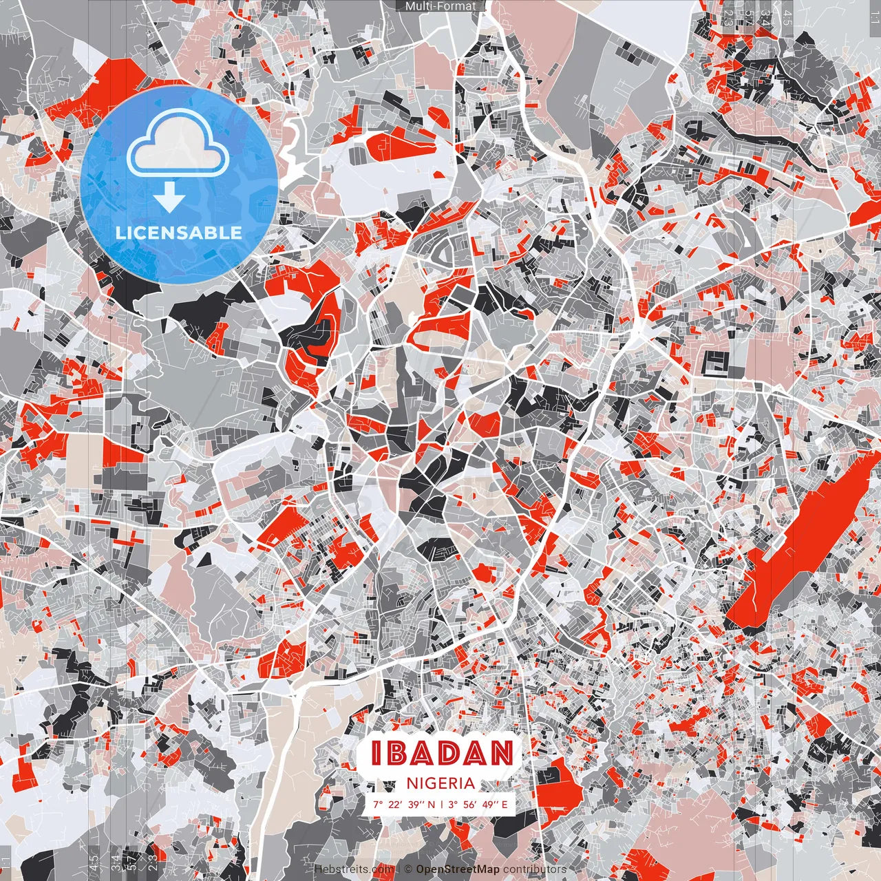 Ibadan, Nigeria - modern street map poster template with gray and red tones