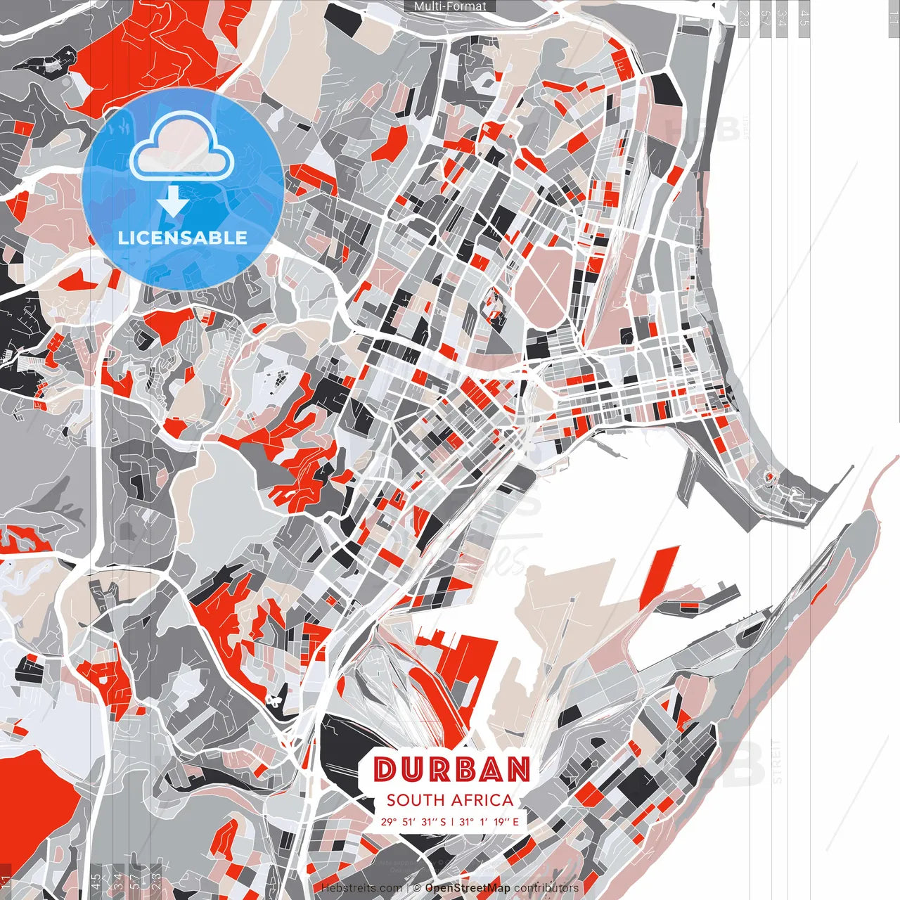 Durban, South Africa - modern street map poster template with gray and red tones