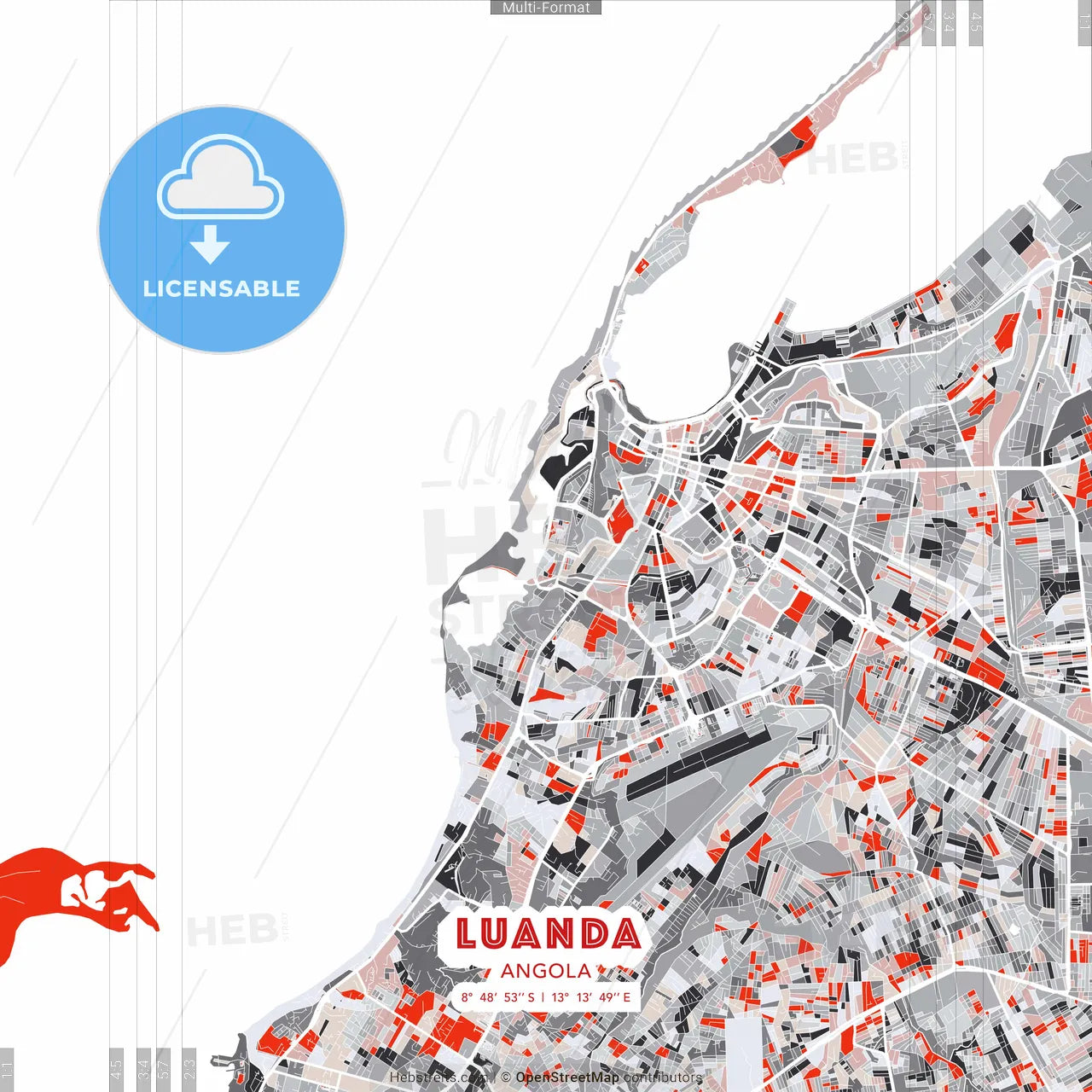 Luanda, Angola - modern street map poster template with gray and red tones