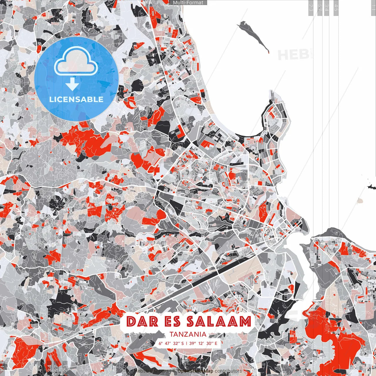 Dar es Salaam, Tanzania - modern street map poster template with gray and red tones