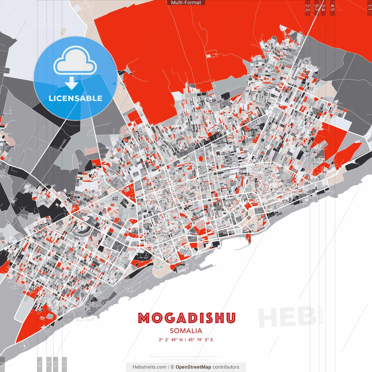 Mogadishu, Somalia - modern street map poster template with gray and red tones