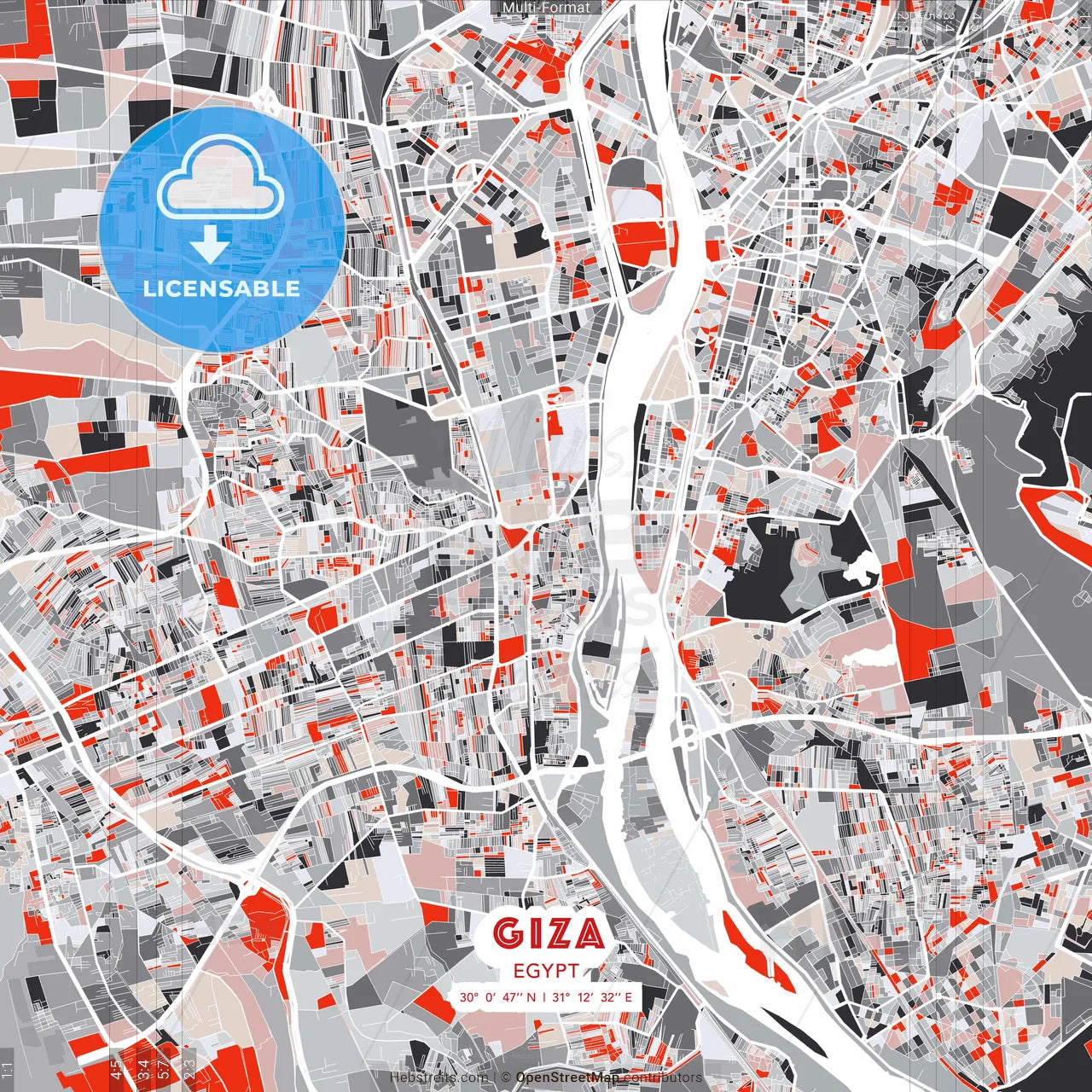 Giza, Egypt - modern street map poster template with gray and red tones