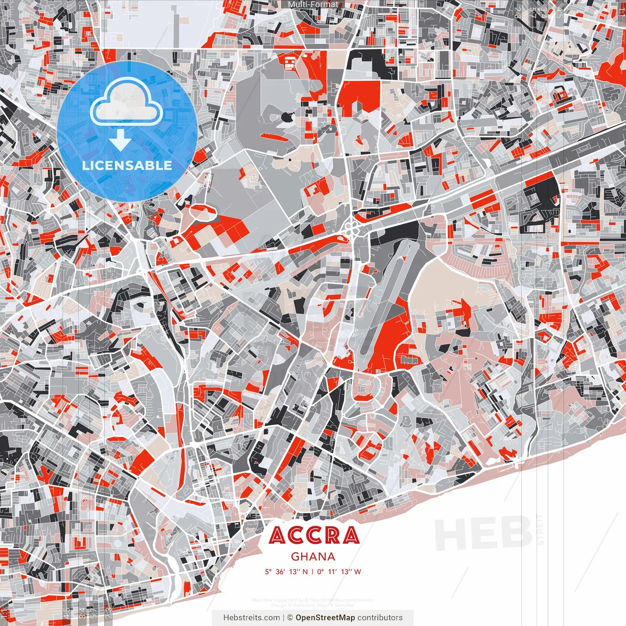 Accra, Ghana - modern street map poster template with gray and red tones