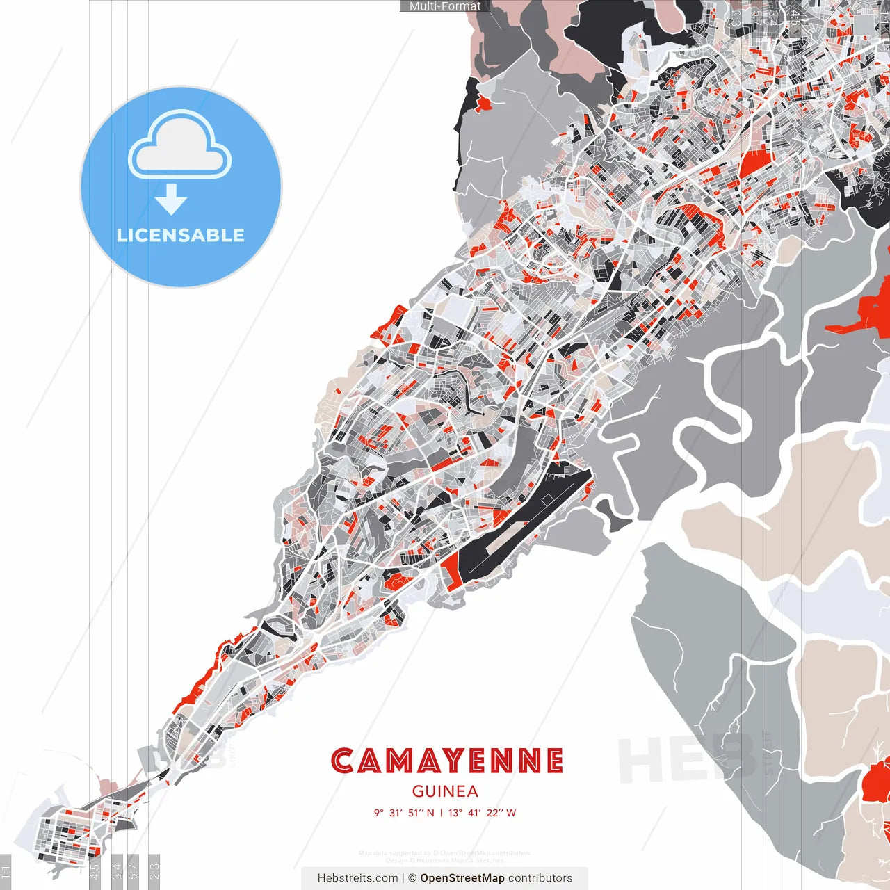 Camayenne, Guinea - modern street map poster template with gray and red tones