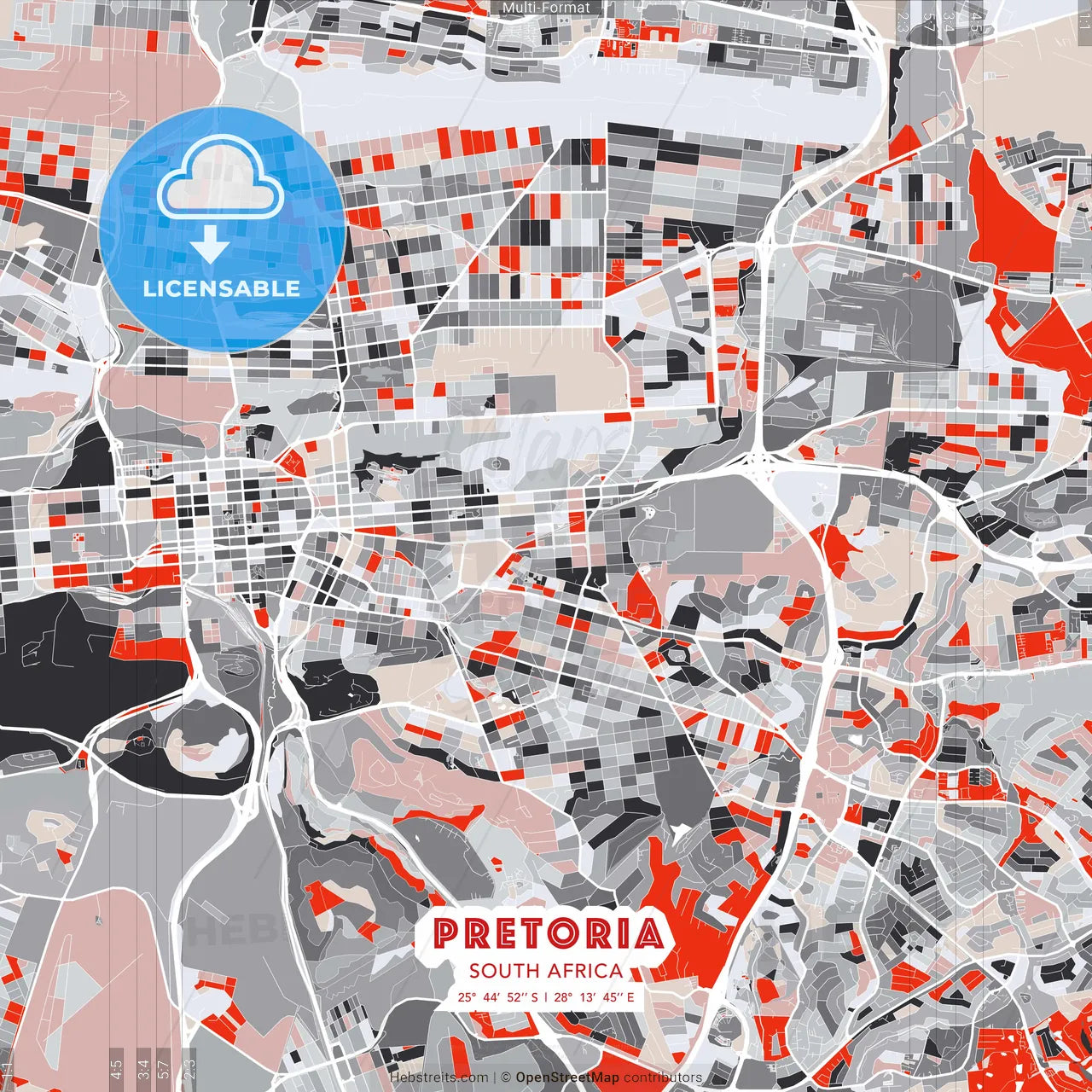 Pretoria, South Africa - modern street map poster template with gray and red tones