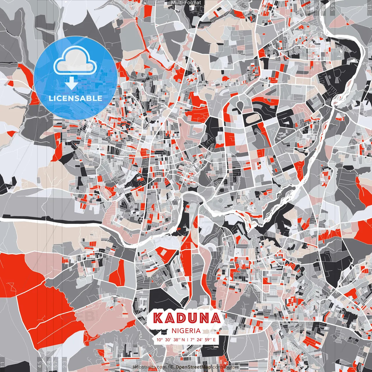 Kaduna, Nigeria - modern street map poster template with gray and red tones