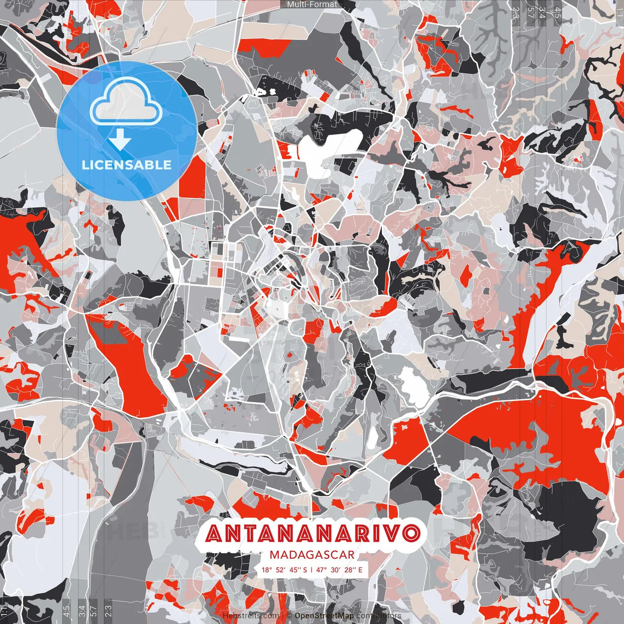 Antananarivo, Madagascar - modern street map poster template with gray and red tones