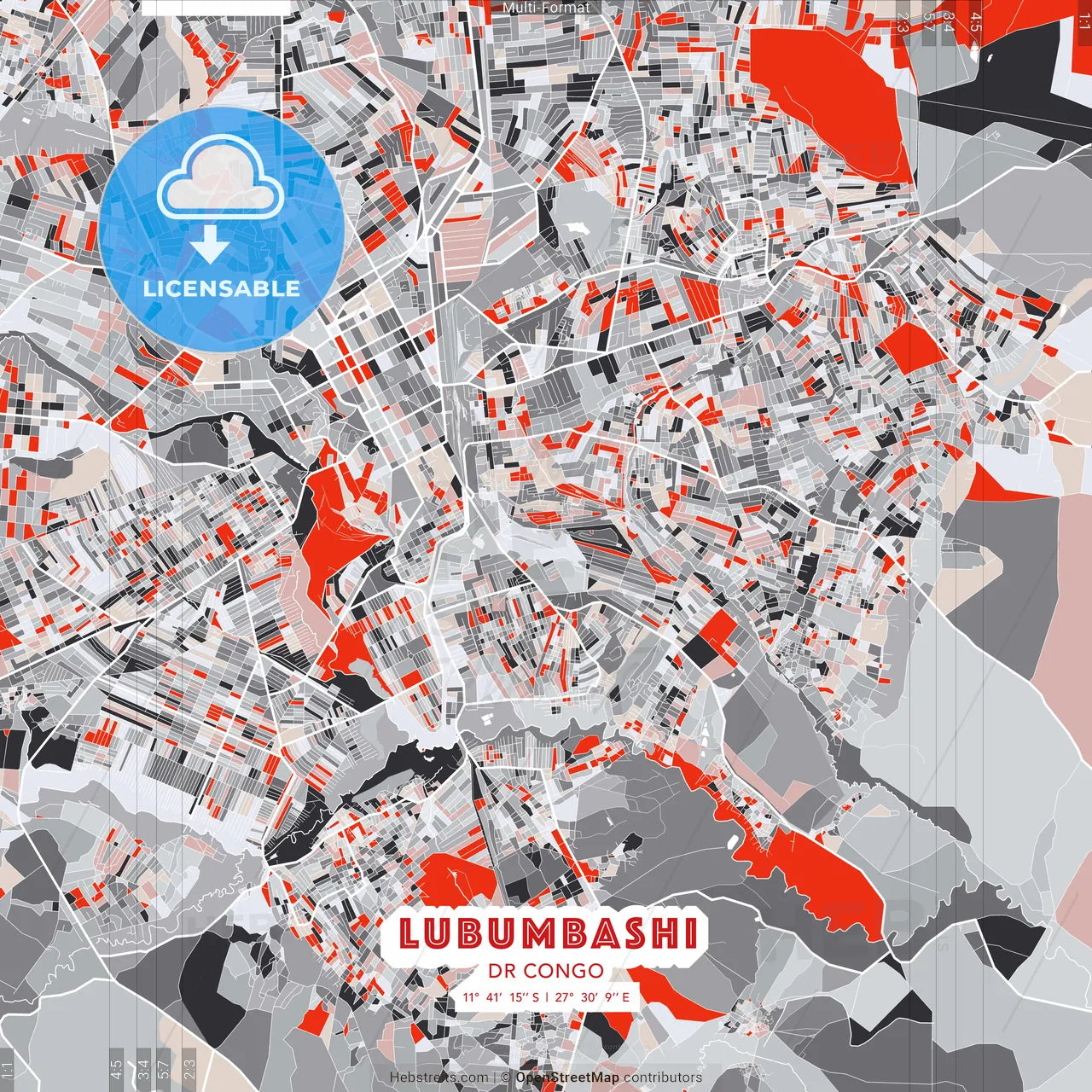 Lubumbashi, DR Congo - modern street map poster template with gray and red tones