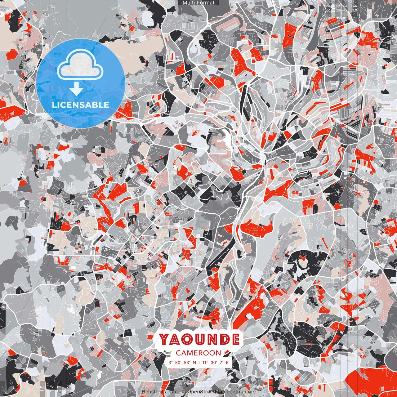 Yaounde, Cameroon - modern street map poster template with gray and red tones