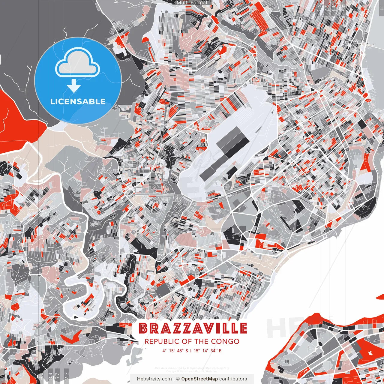 Brazzaville, Republic Of The Congo - modern street map poster template with gray and red tones