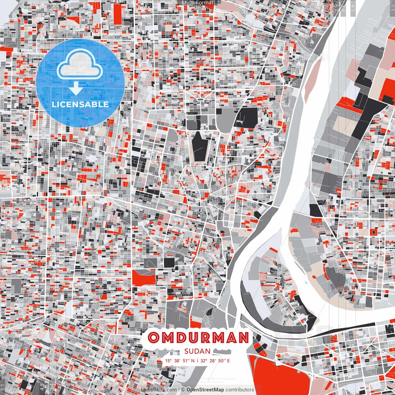 Omdurman, Sudan - modern street map poster template with gray and red tones