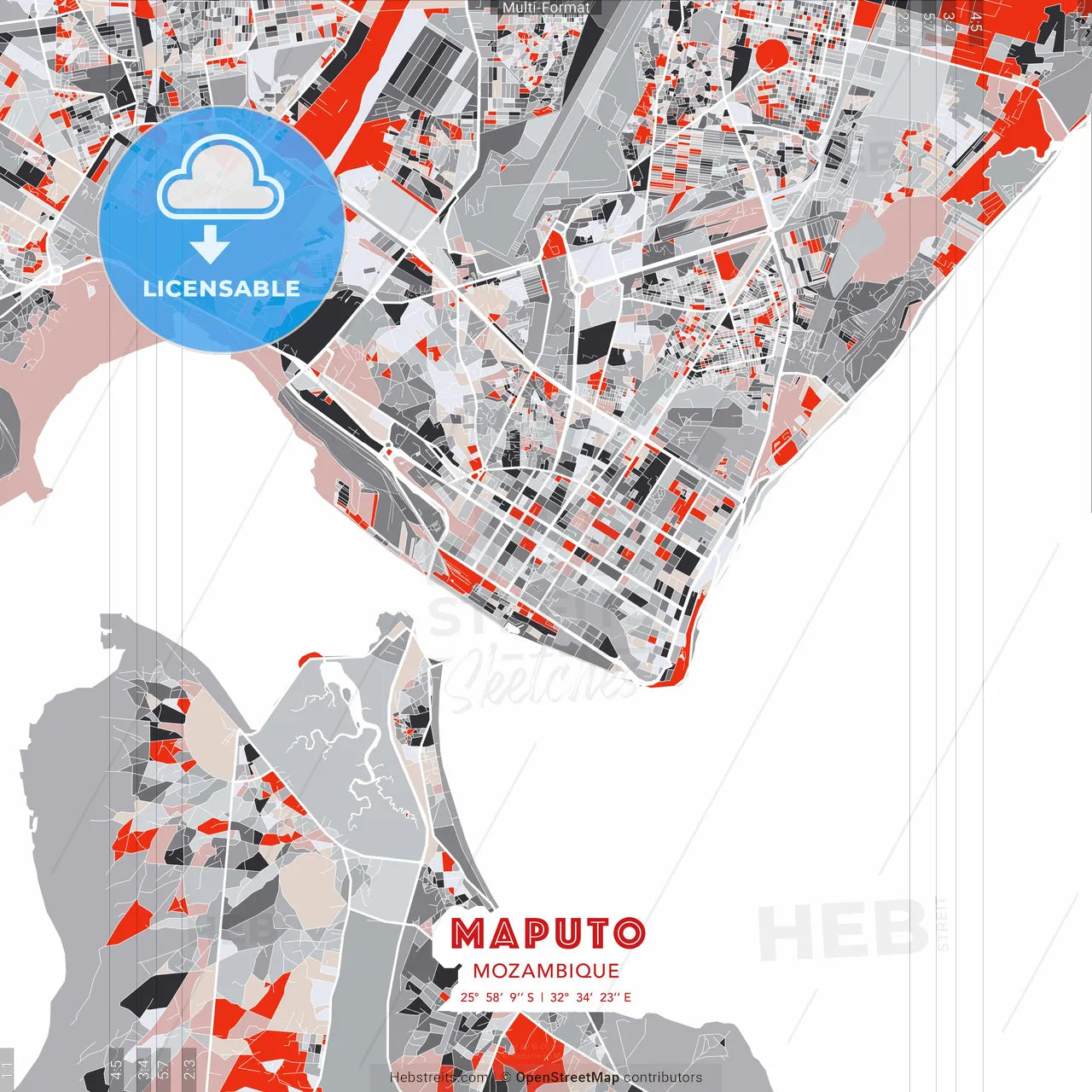 Maputo, Mozambique - modern street map poster template with gray and red tones