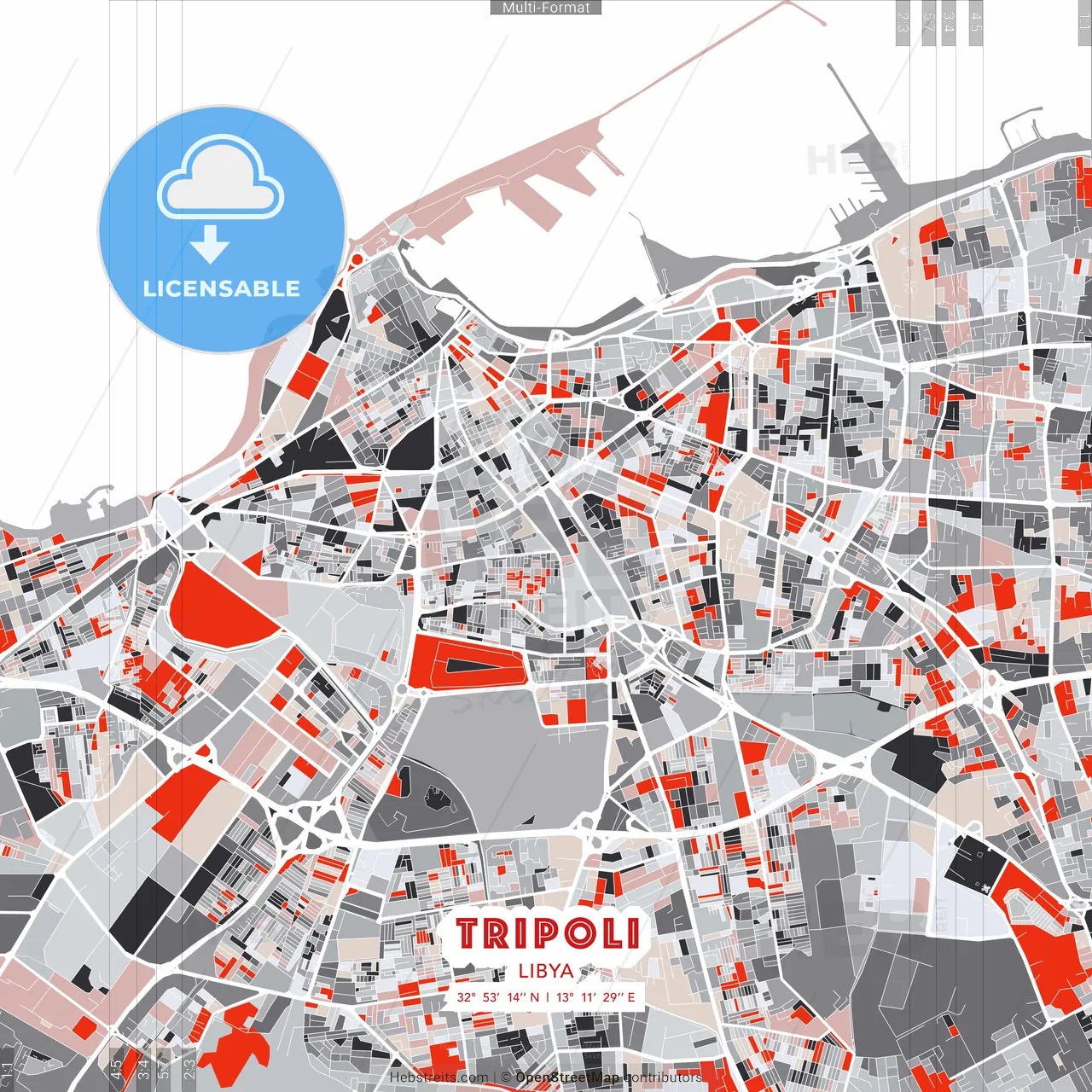 Tripoli, Libya - modern street map poster template with gray and red tones