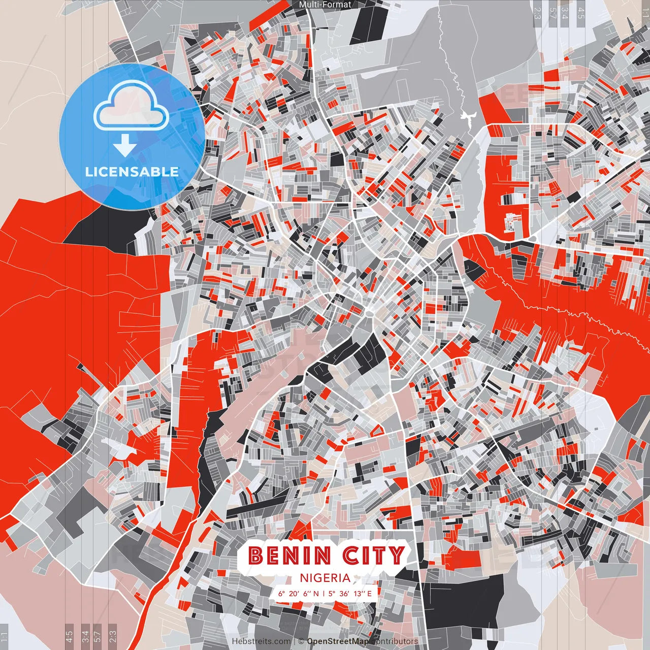 Benin City, Nigeria - modern street map poster template with gray and red tones