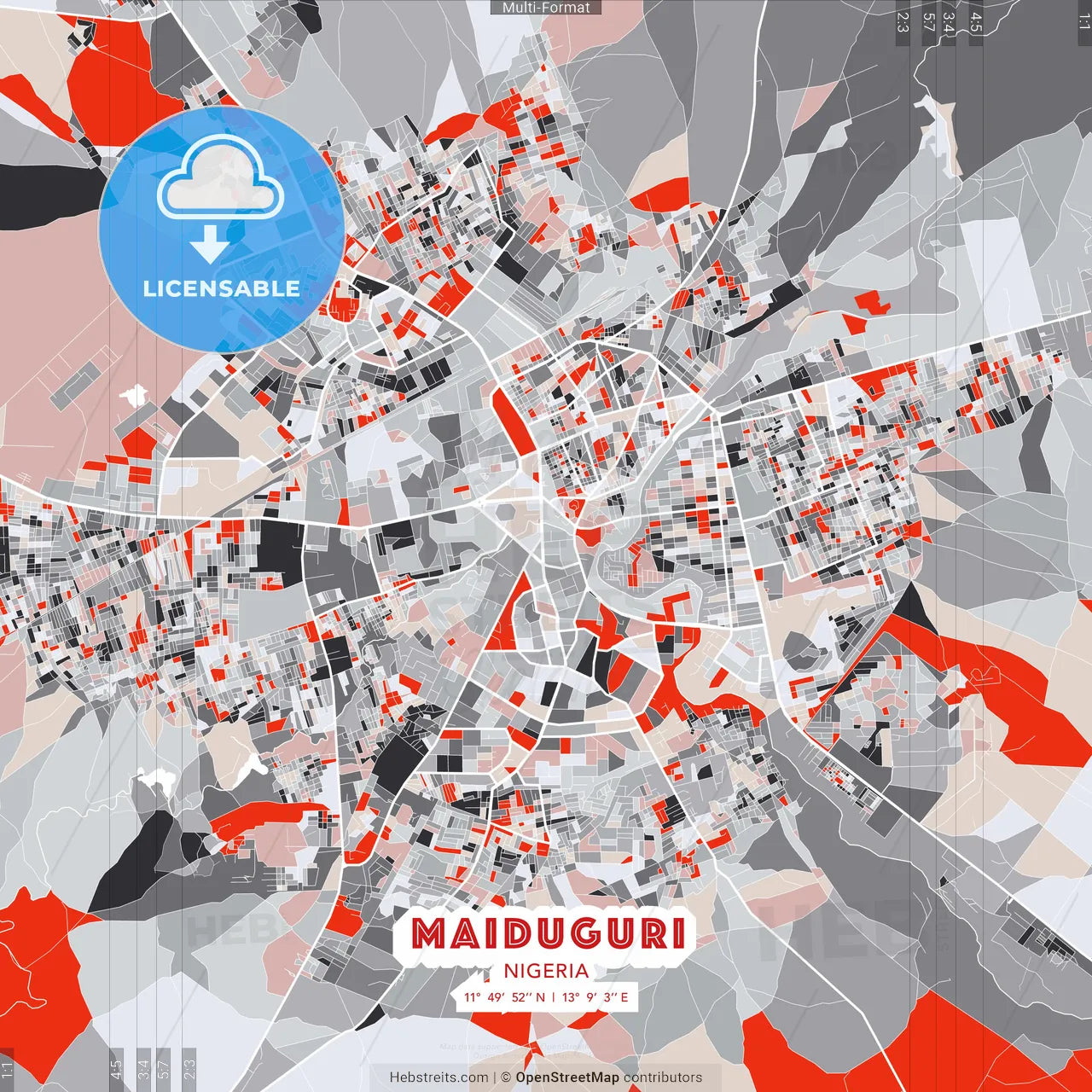 Maiduguri, Nigeria - modern street map poster template with gray and red tones