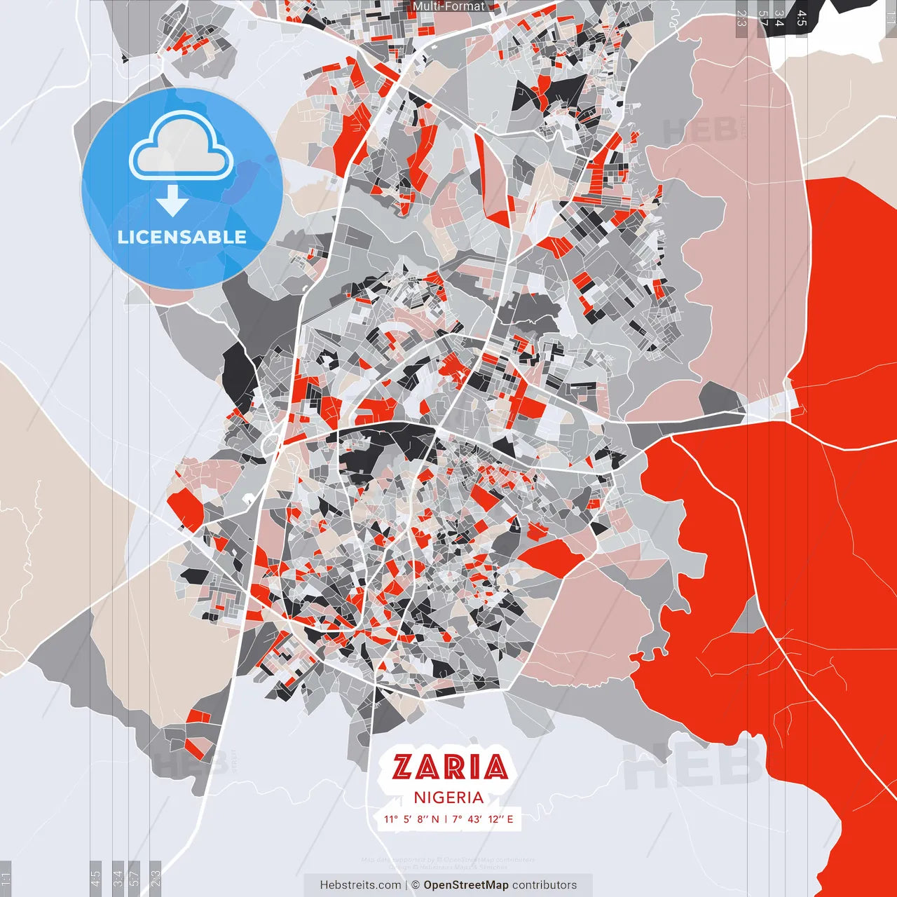 Zaria, Nigeria - modern street map poster template with gray and red tones