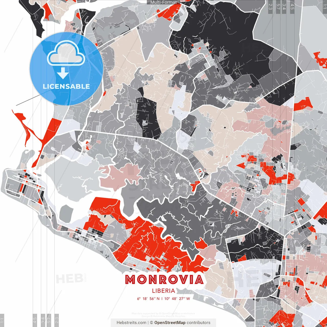 Monrovia, Liberia - modern street map poster template with gray and red tones