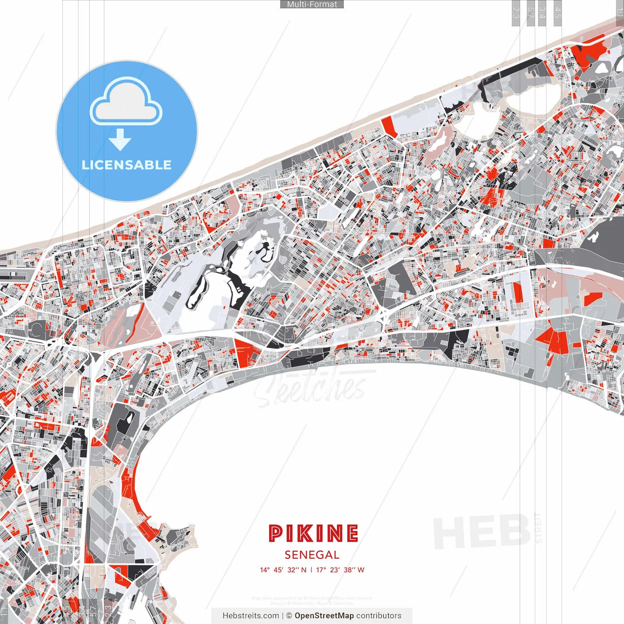 Pikine, Senegal - modern street map poster template with gray and red tones