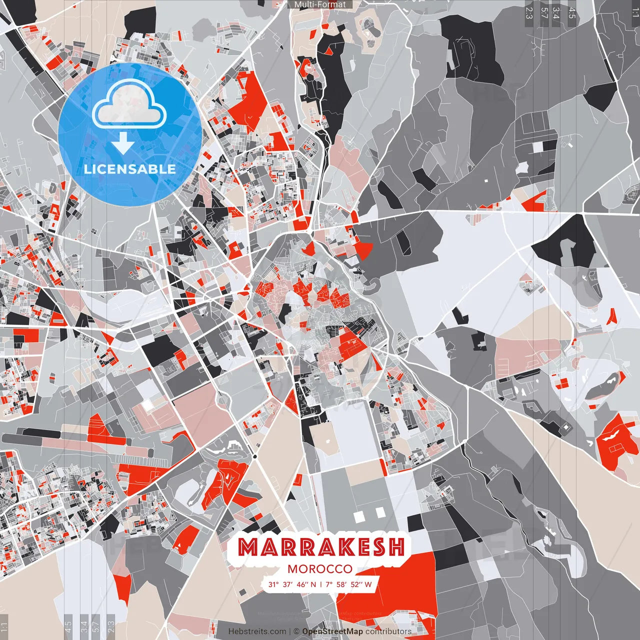 Marrakesh, Morocco - modern street map poster template with gray and red tones