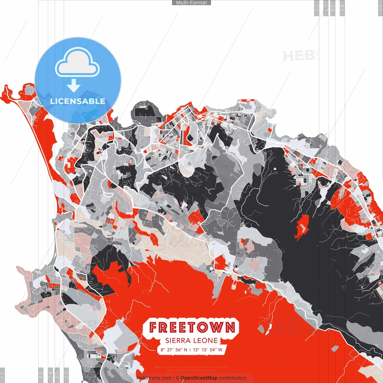 Freetown, Sierra Leone - modern street map poster template with gray and red tones
