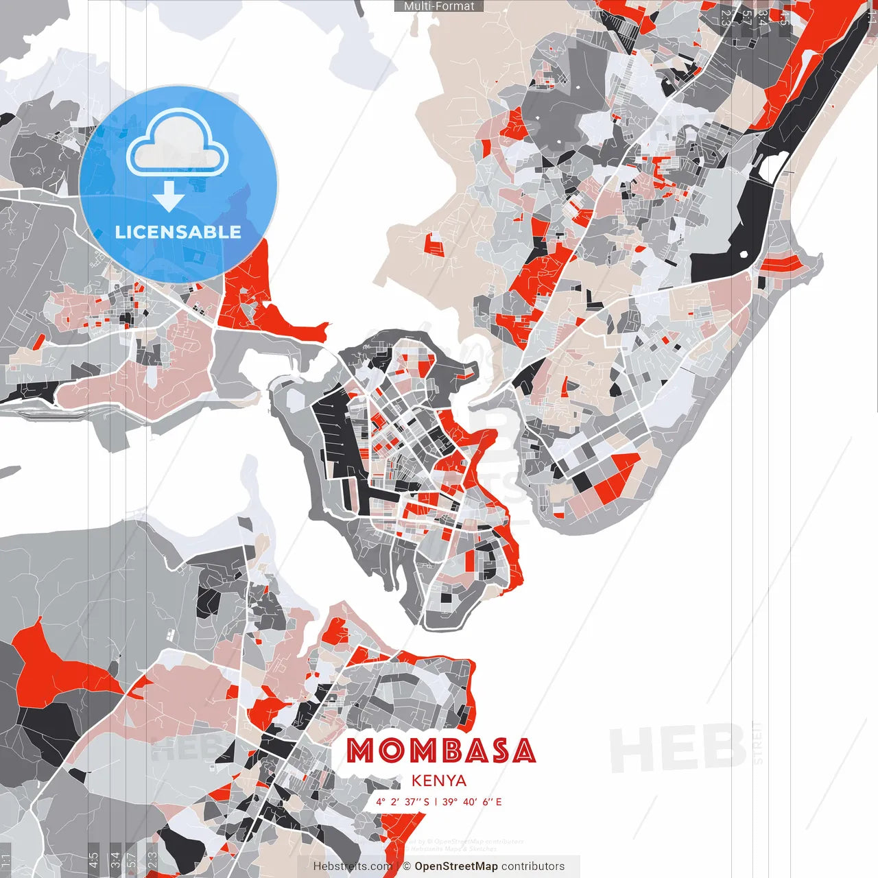 Mombasa, Kenya - modern street map poster template with gray and red tones