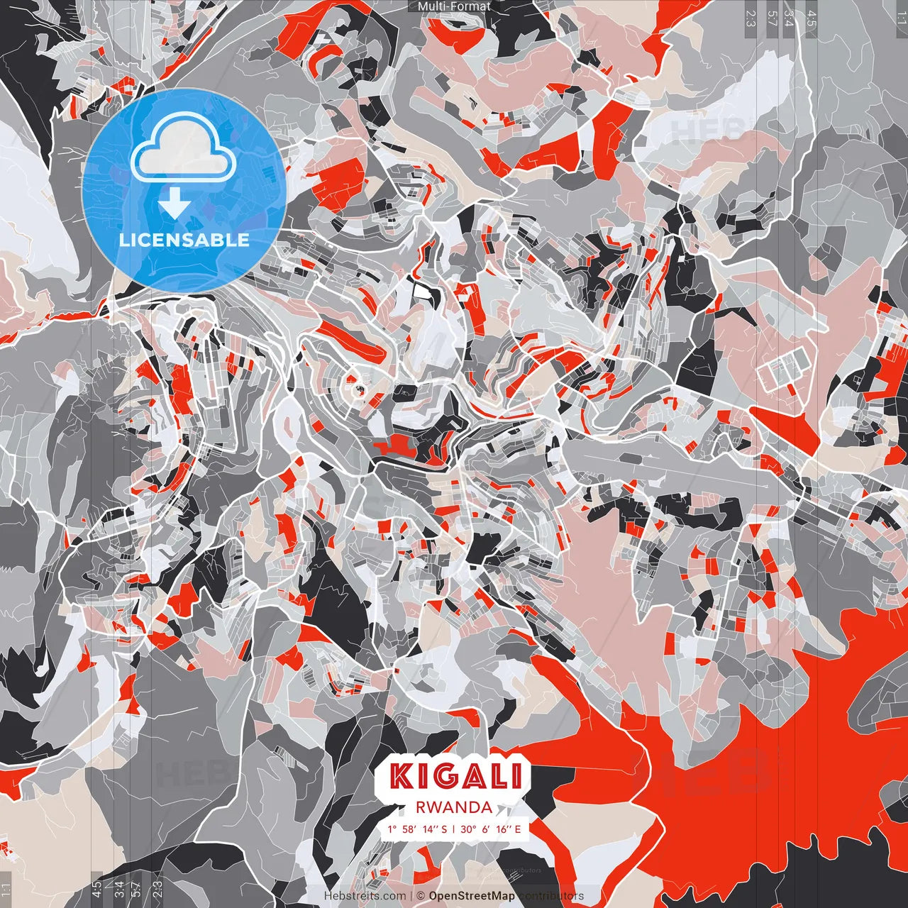 Kigali, Rwanda - modern street map poster template with gray and red tones