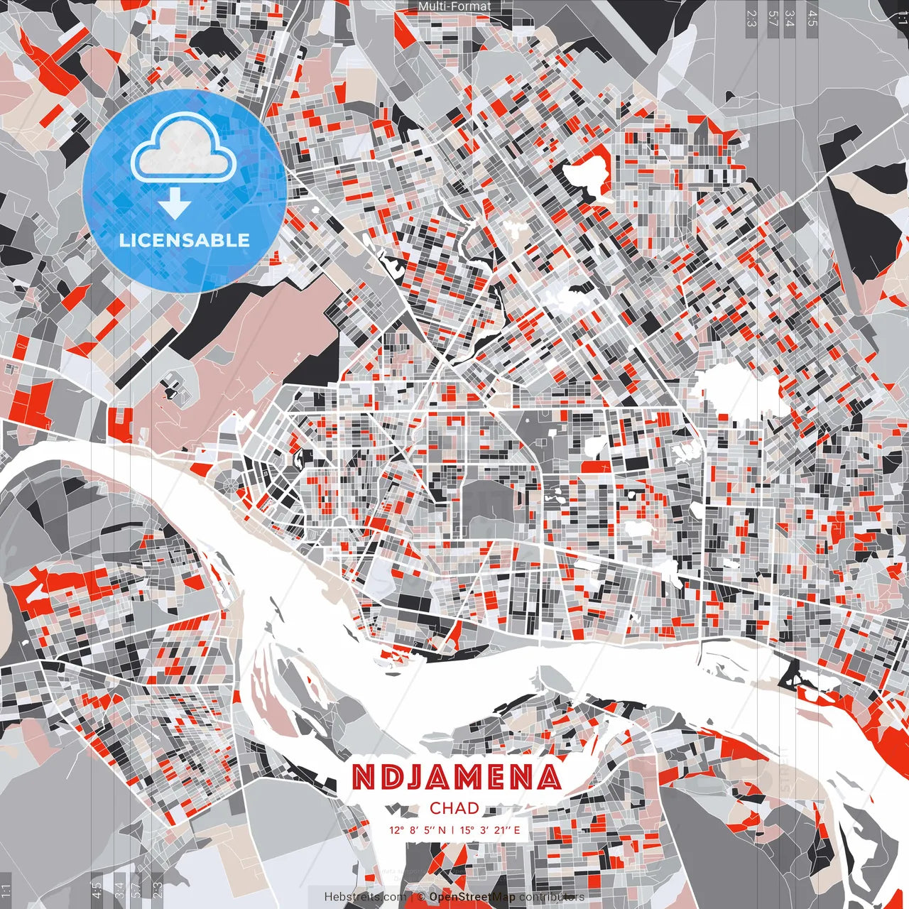 NDjamena, Chad - modern street map poster template with gray and red tones