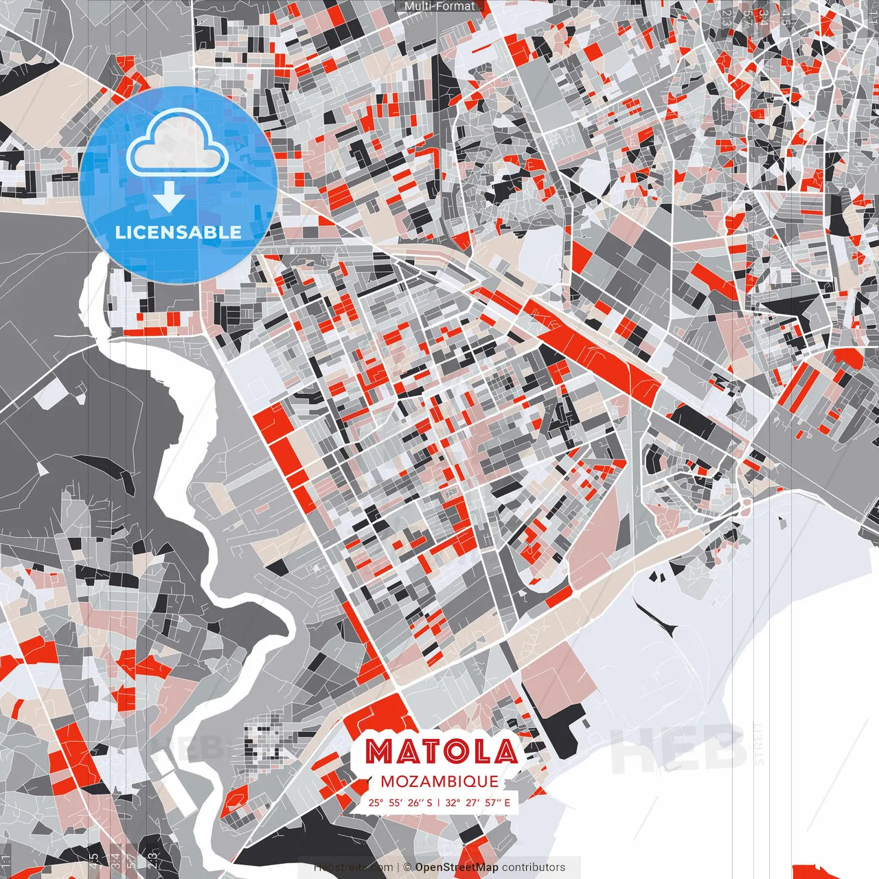 Matola, Mozambique - modern street map poster template with gray and red tones