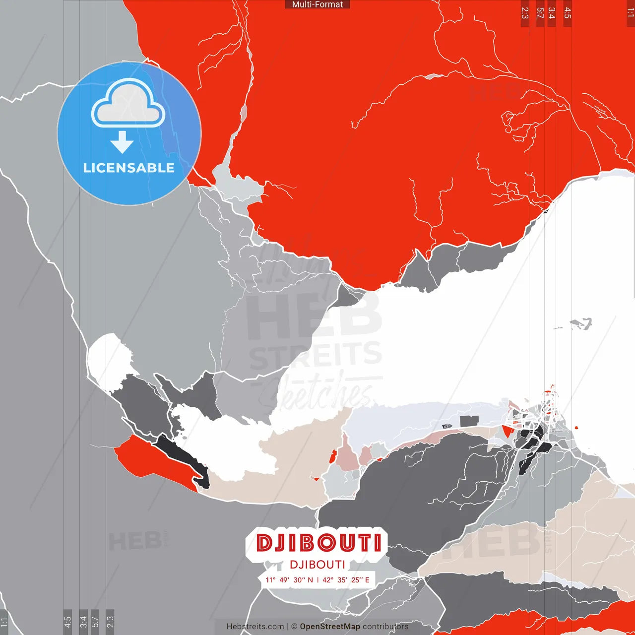 Djibouti, Djibouti - modern street map poster template with gray and red tones