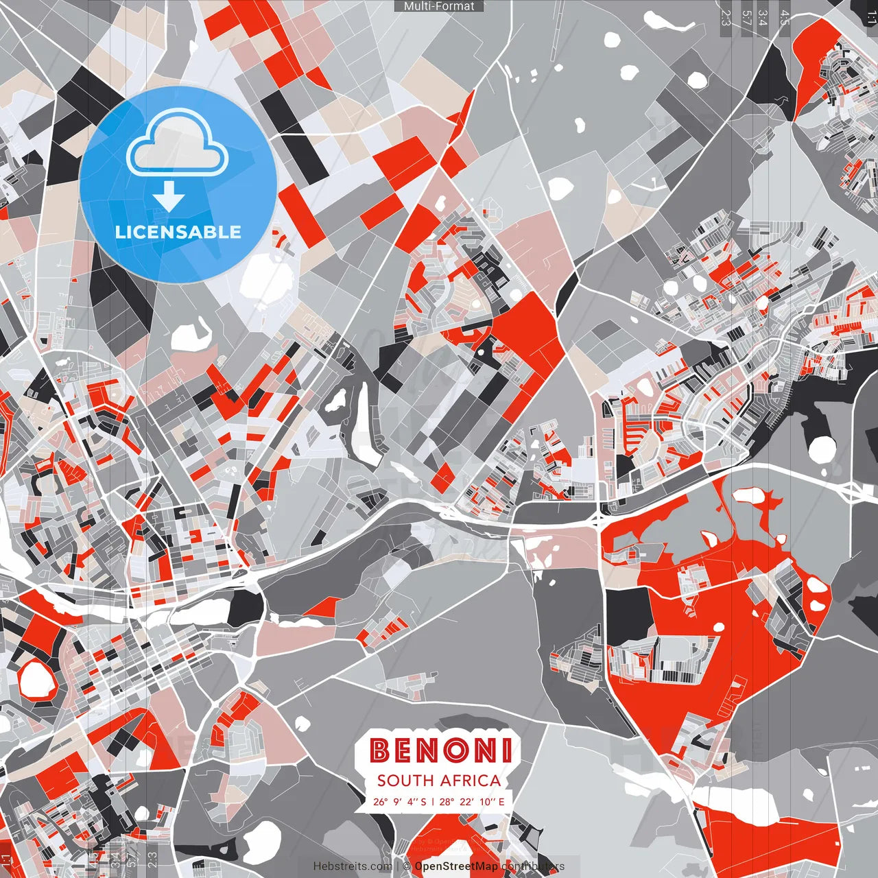 Benoni, South Africa - modern street map poster template with gray and red tones