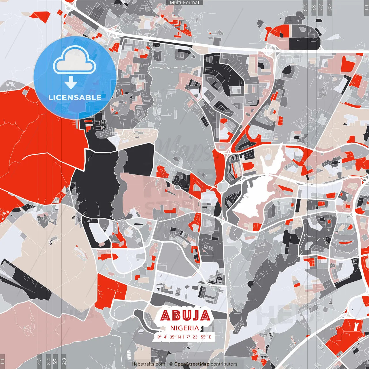 Abuja, Nigeria - modern street map poster template with gray and red tones