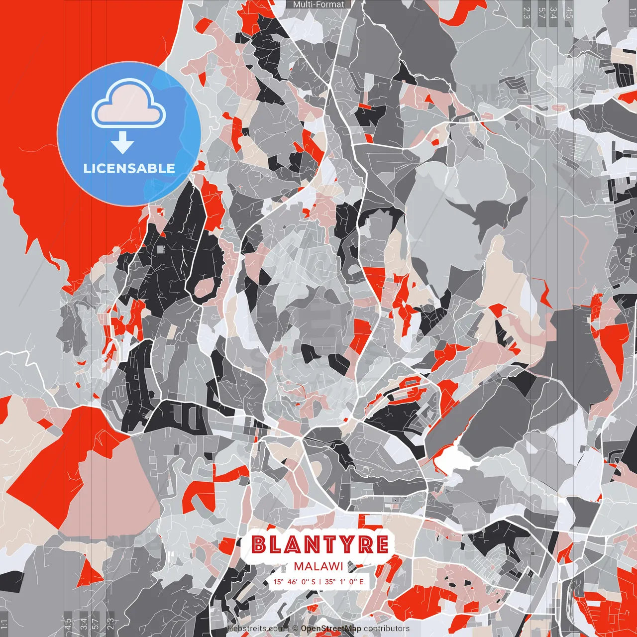 Blantyre, Malawi - modern street map poster template with gray and red tones