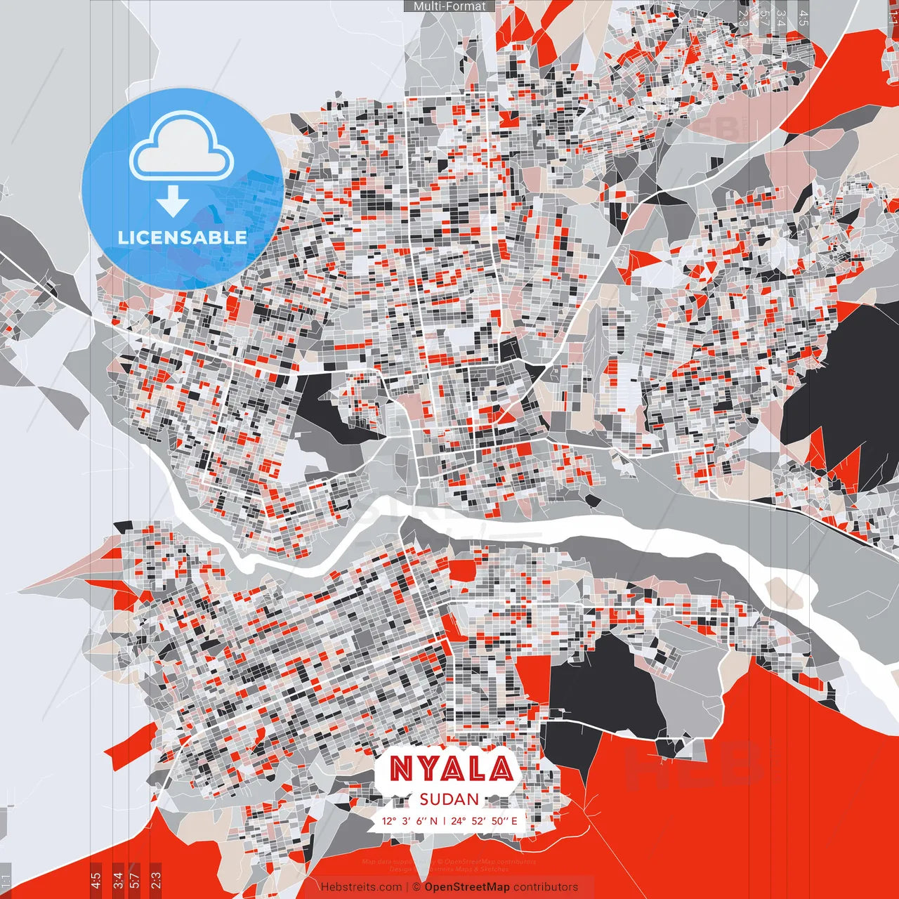 Nyala, Sudan - modern street map poster template with gray and red tones