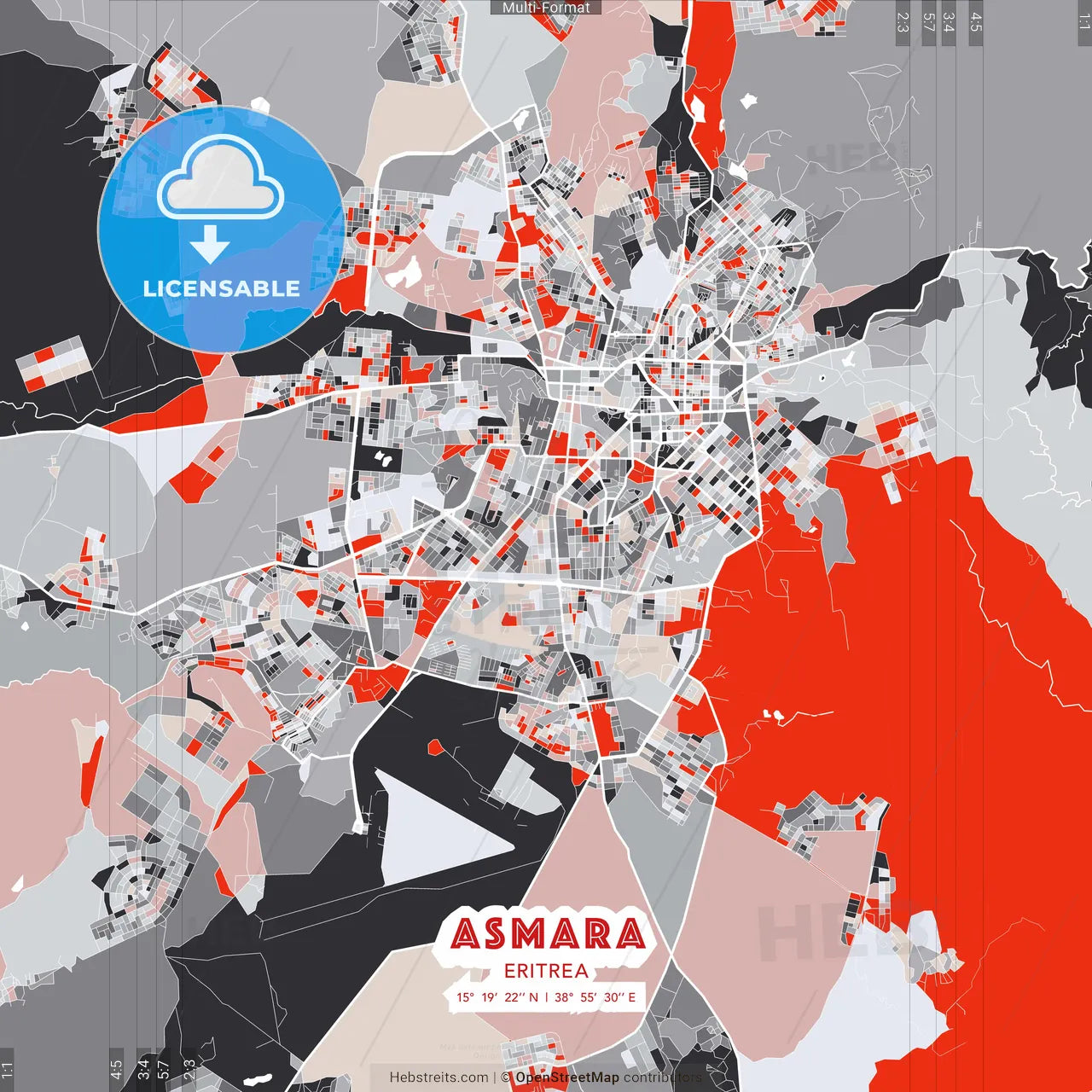 Asmara, Eritrea - modern street map poster template with gray and red tones