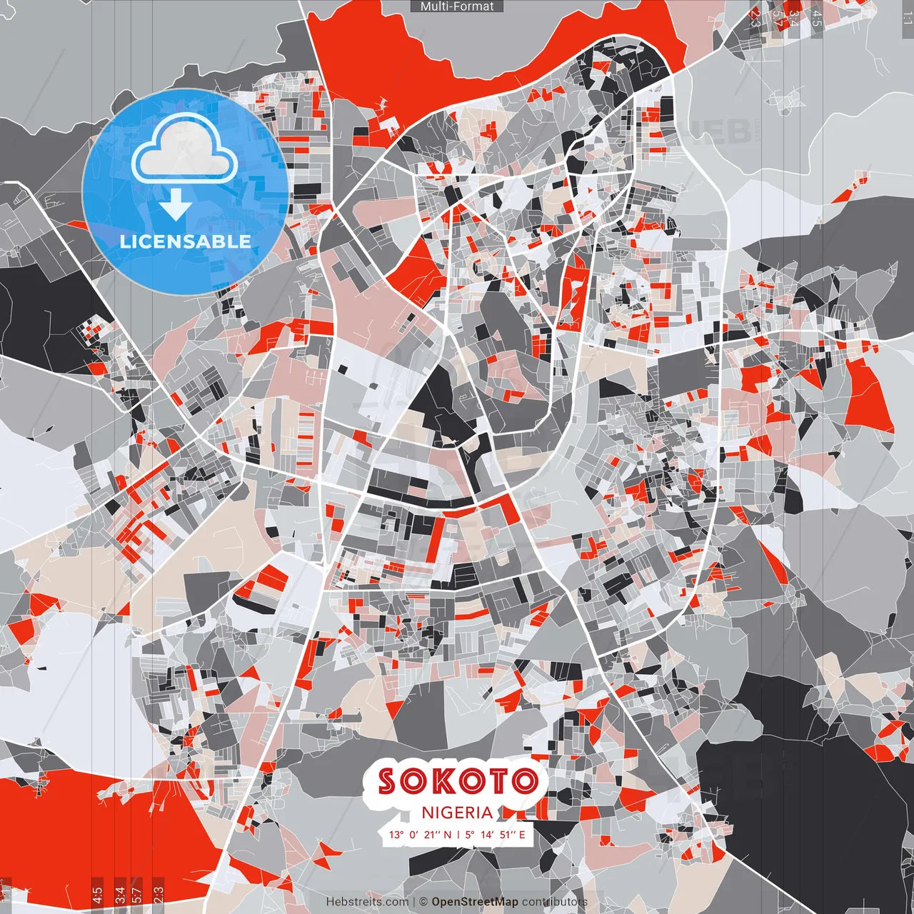 Sokoto, Nigeria - modern street map poster template with gray and red tones