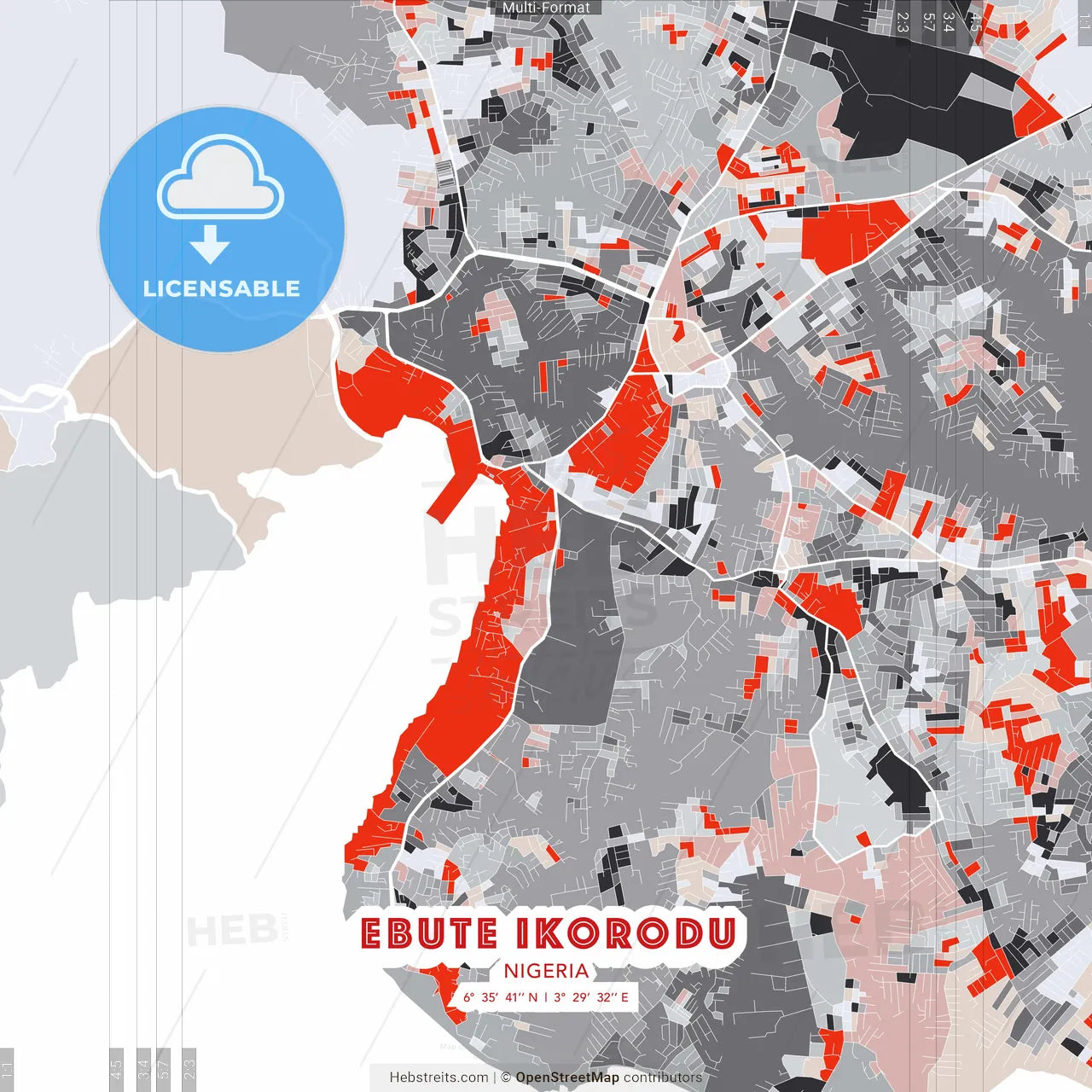 Ebute Ikorodu, Nigeria - modern street map poster template with gray and red tones