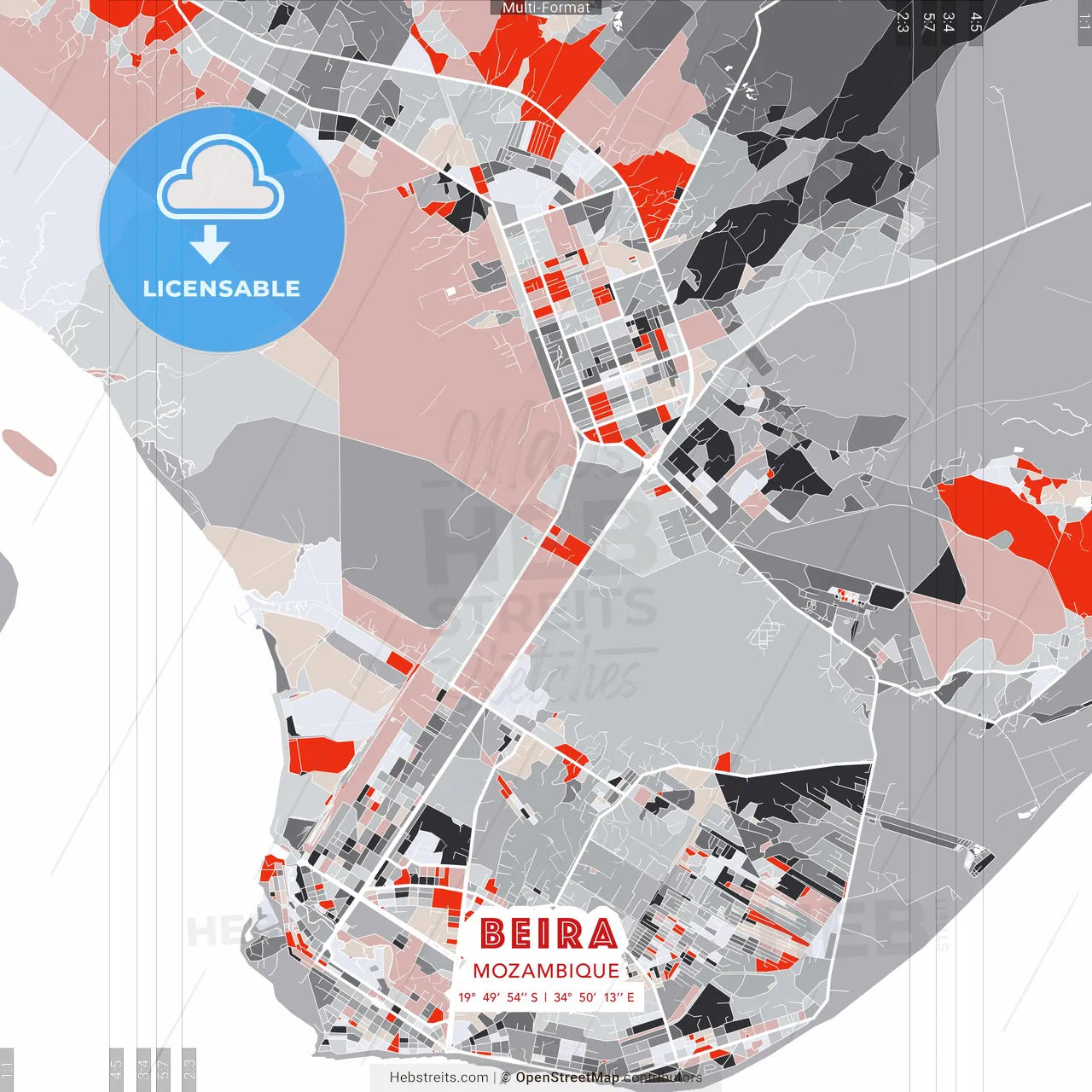 Beira, Mozambique - modern street map poster template with gray and red tones