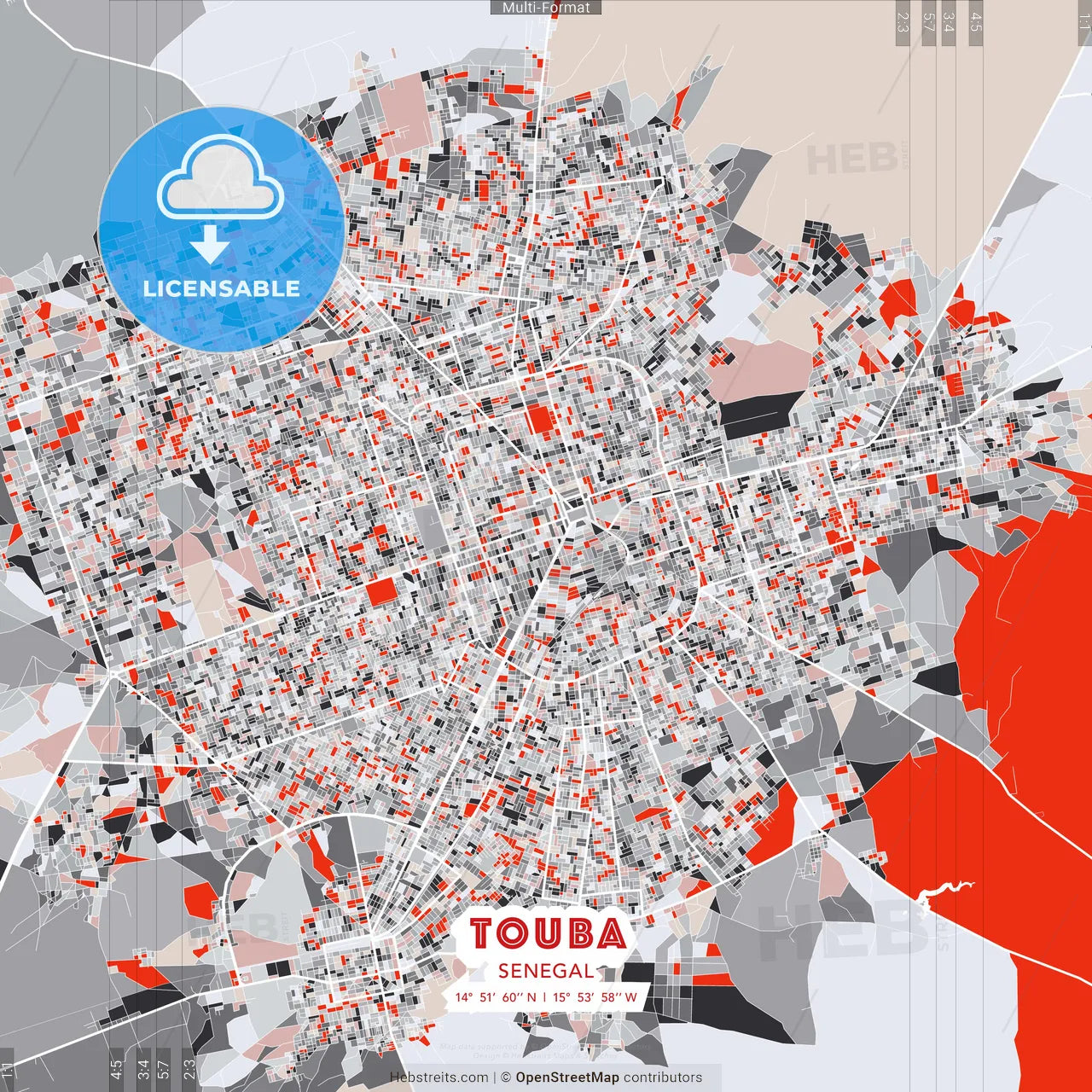 Touba, Senegal - modern street map poster template with gray and red tones