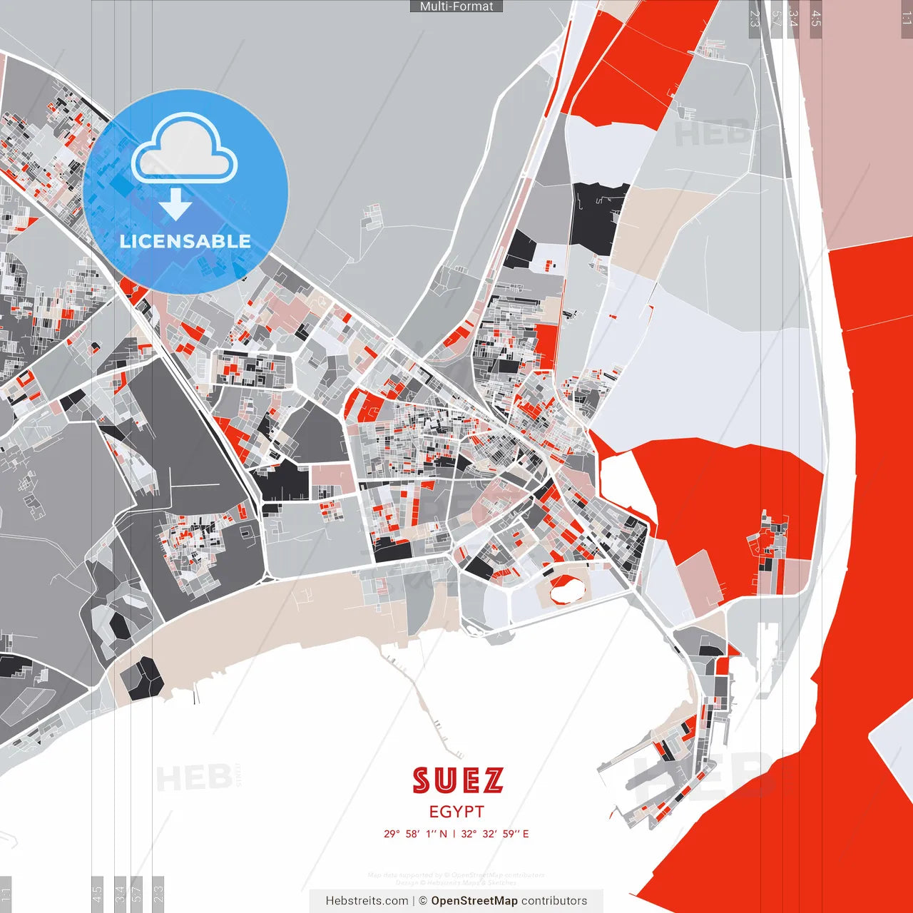 Suez, Egypt - modern street map poster template with gray and red tones