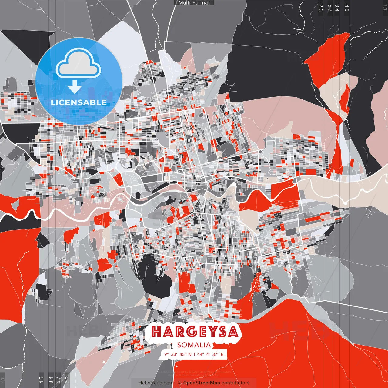 Hargeysa, Somalia - modern street map poster template with gray and red tones