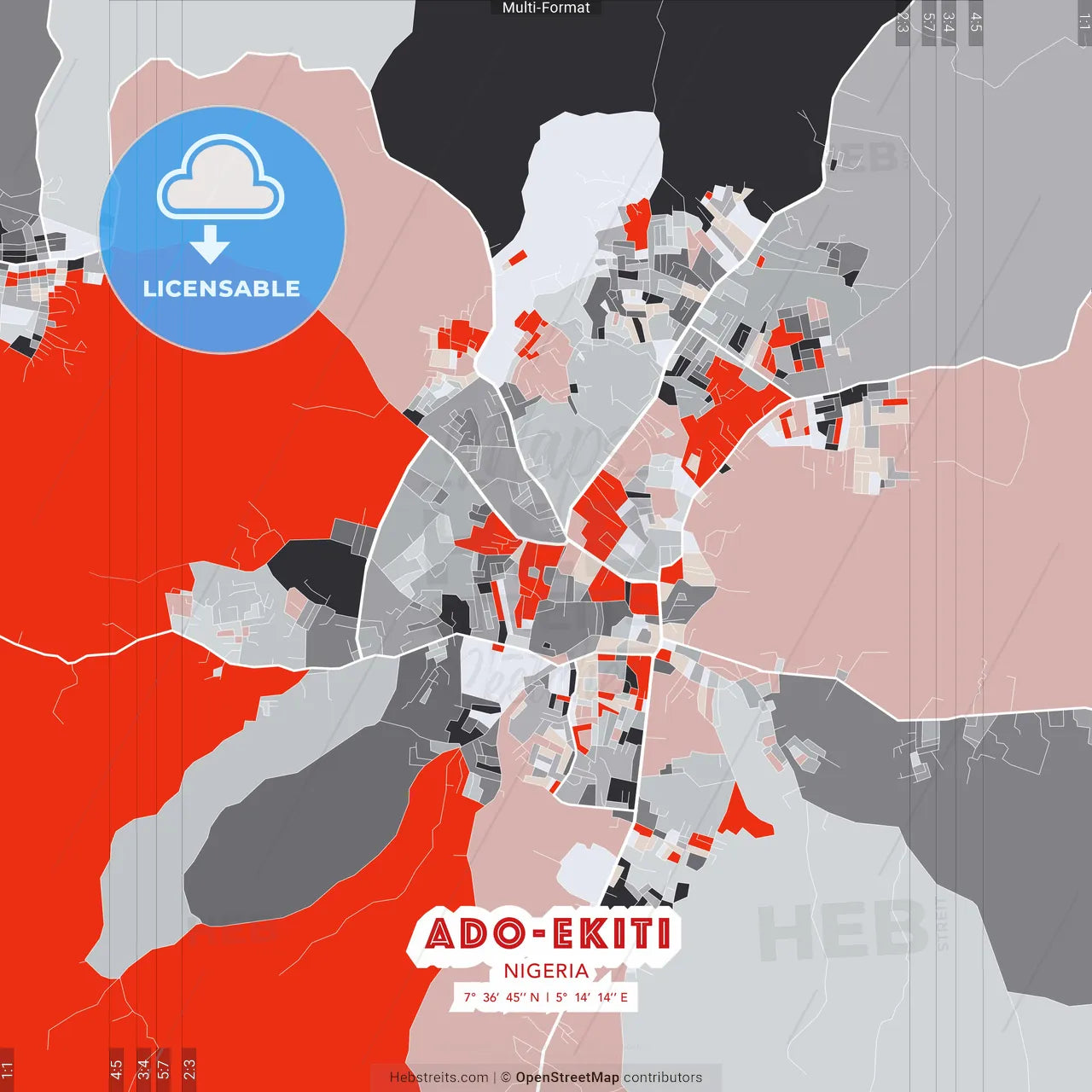 Ado-Ekiti, Nigeria - modern street map poster template with gray and red tones