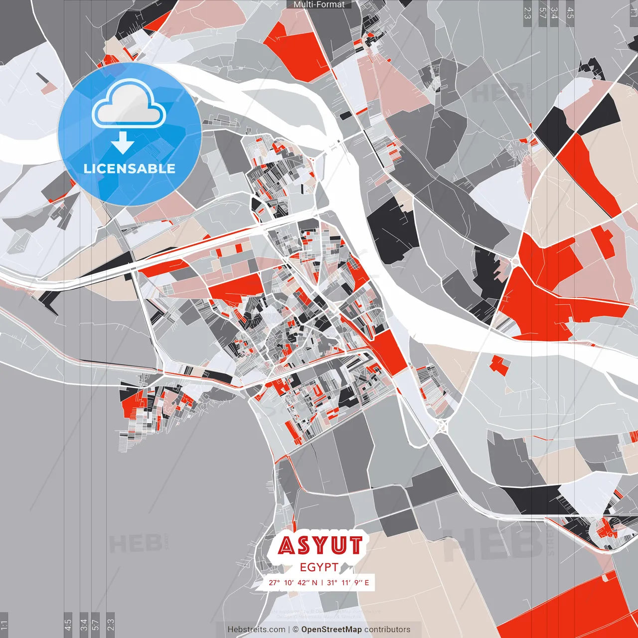 Asyut, Egypt - modern street map poster template with gray and red tones