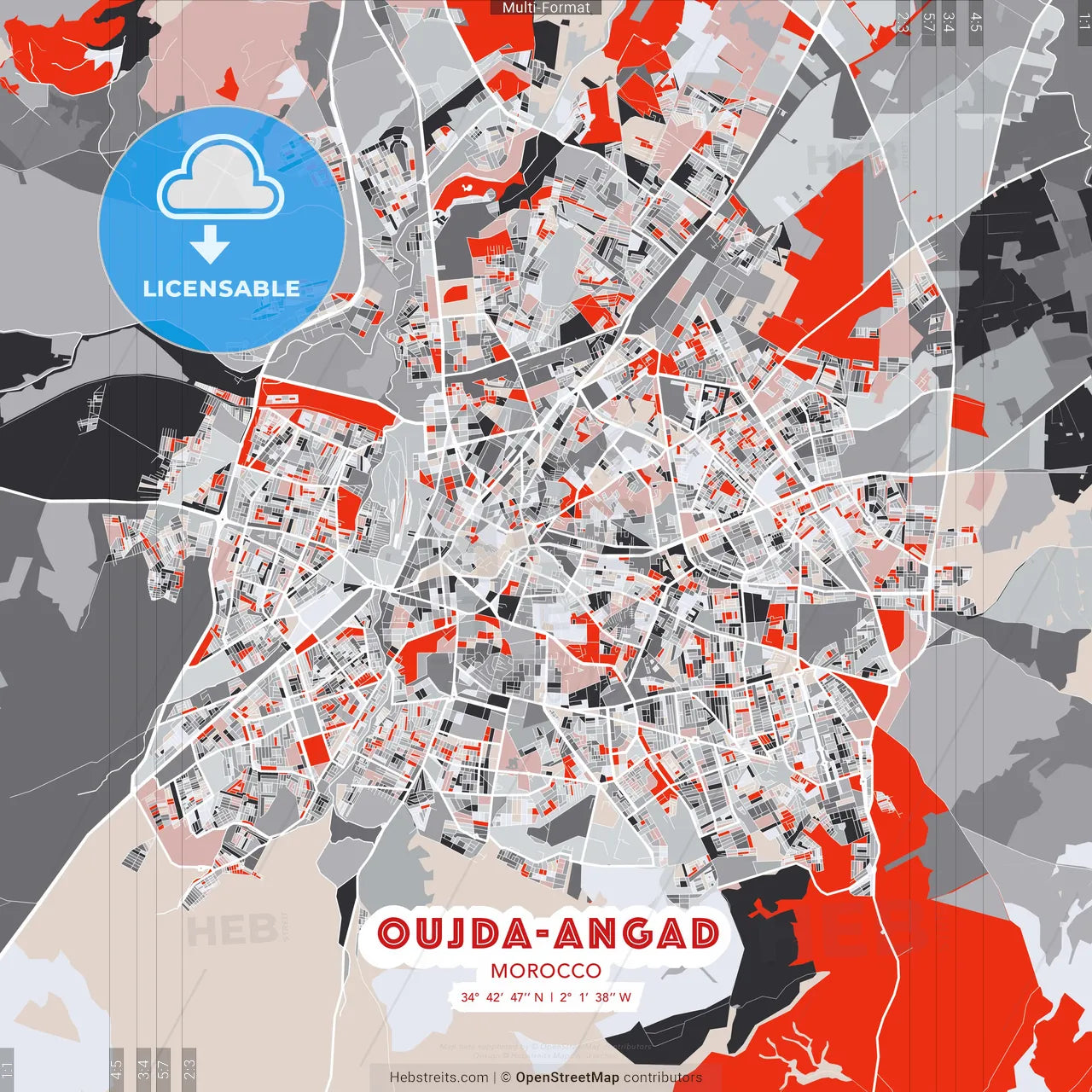 Oujda-Angad, Morocco - modern street map poster template with gray and red tones