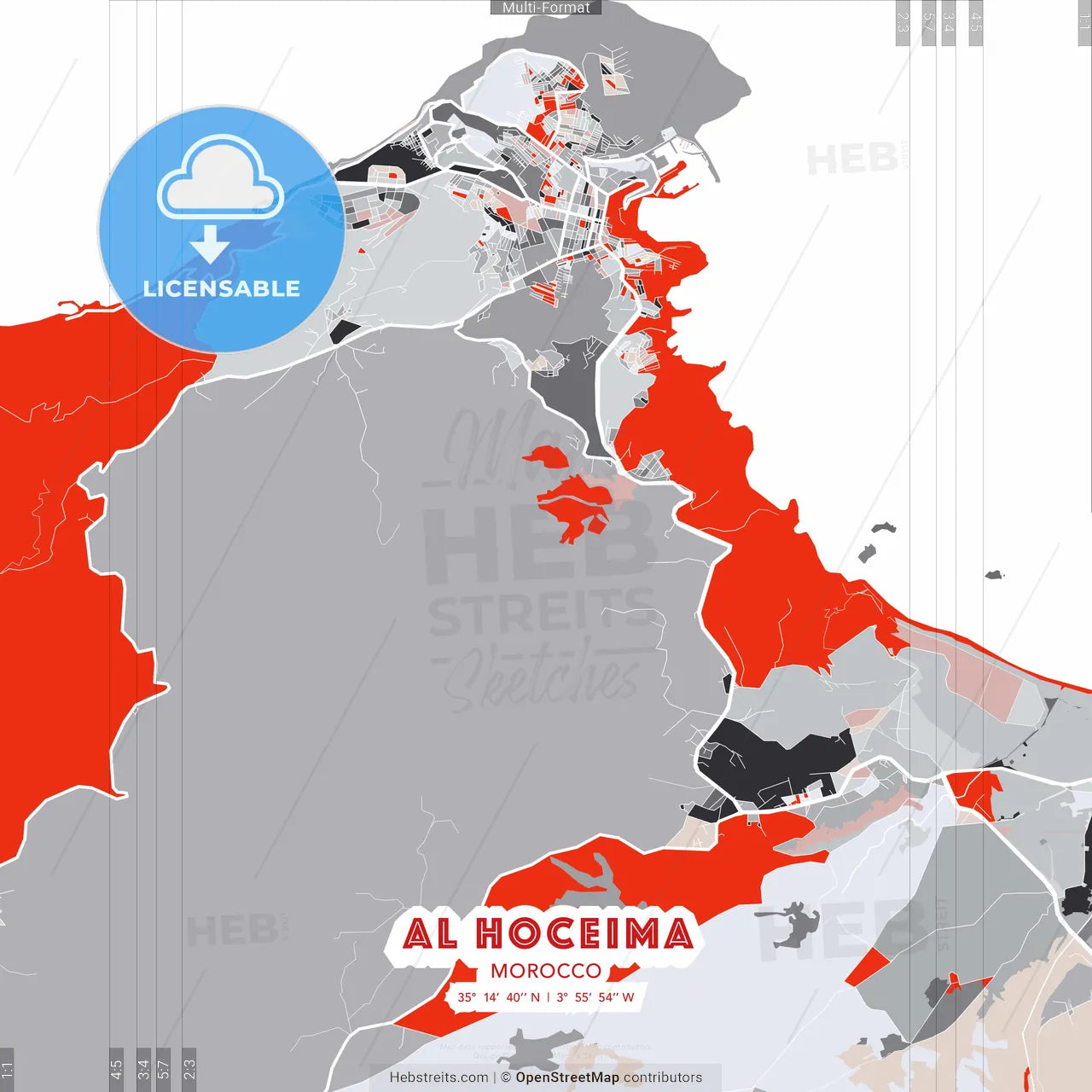 Al Hoceima, Morocco - modern street map poster template with gray and red tones