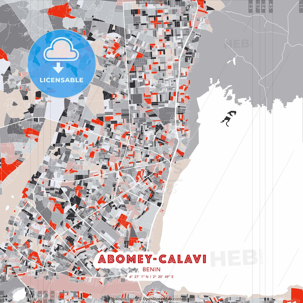 Abomey-Calavi, Benin - modern street map poster template with gray and red tones