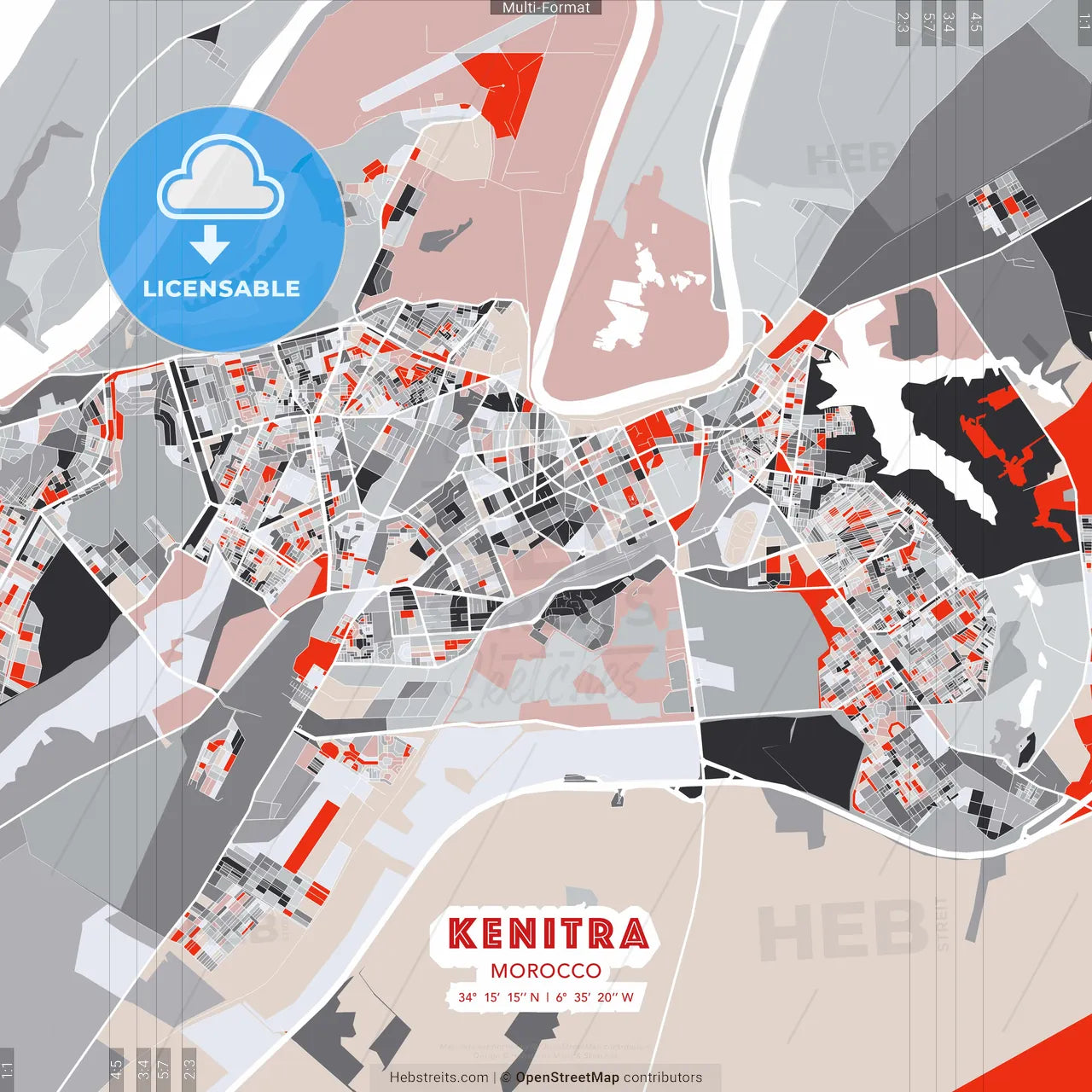 Kenitra, Morocco - modern street map poster template with gray and red tones