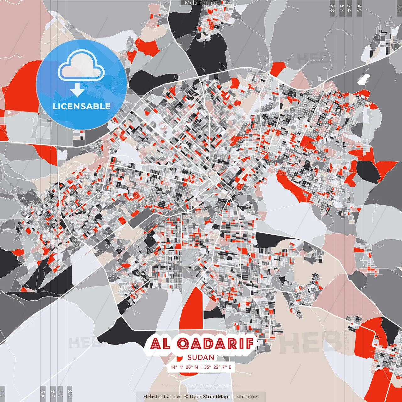 Al Qadarif, Sudan - modern street map poster template with gray and red tones