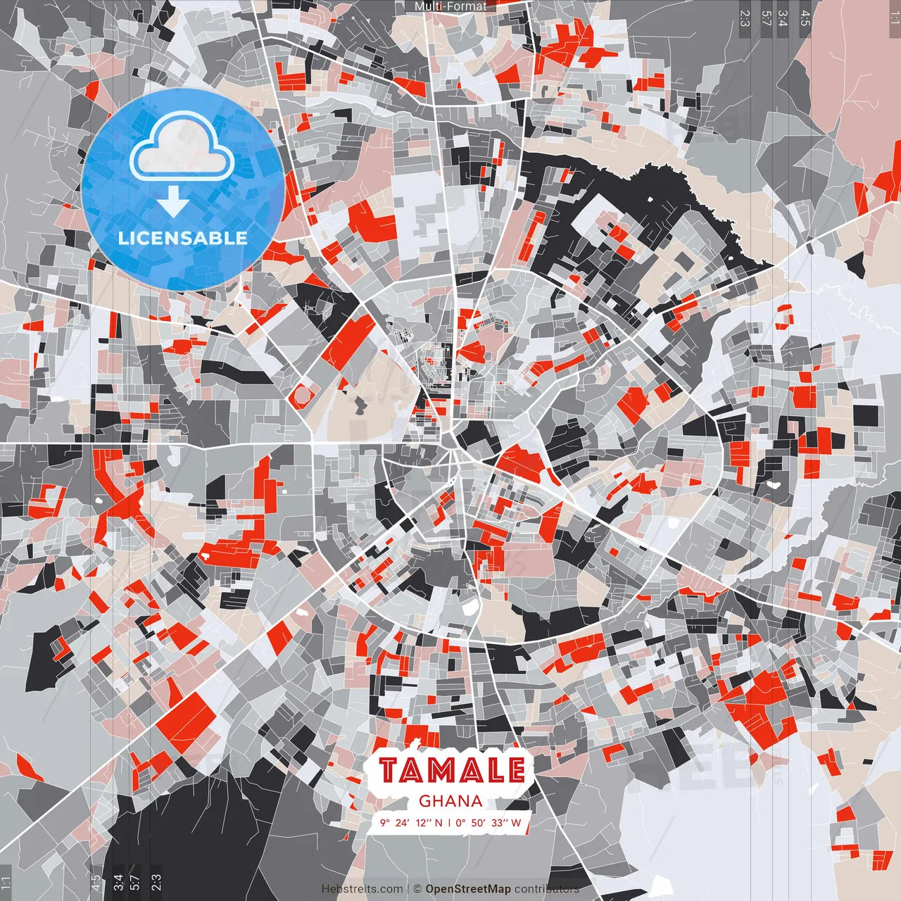 Tamale, Ghana - modern street map poster template with gray and red tones
