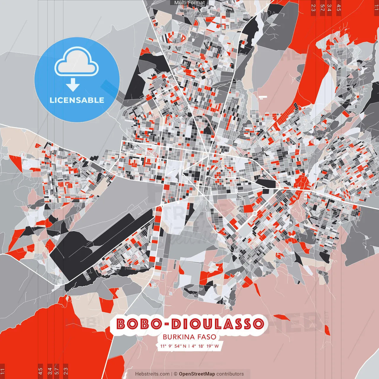 Bobo-Dioulasso, Burkina Faso - modern street map poster template with gray and red tones