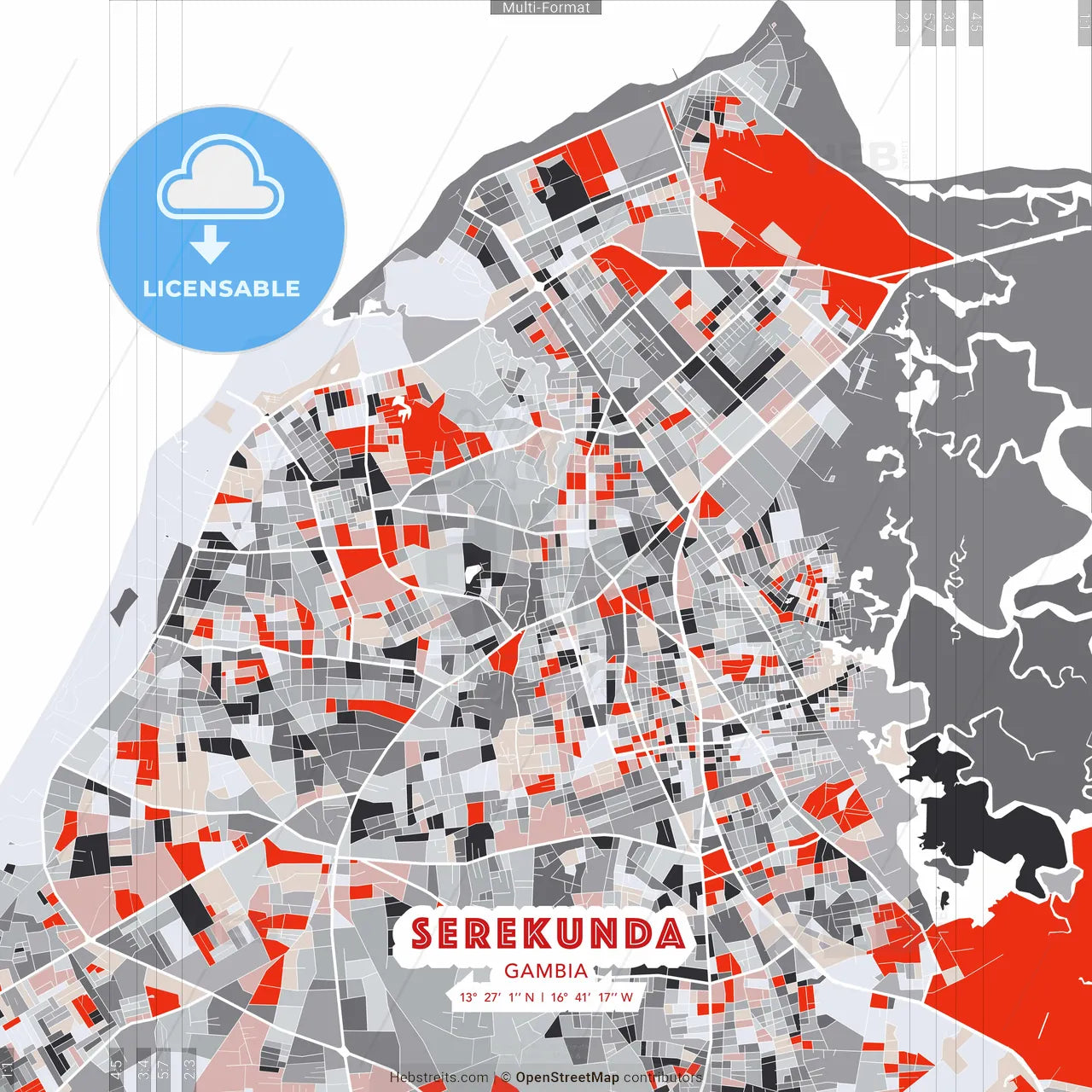 Serekunda, Gambia - modern street map poster template with gray and red tones
